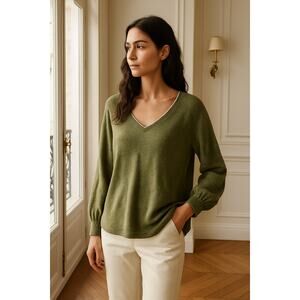 Sundance Boho Knit Top Olive Stripe V-Neck Long Sleeve Women L